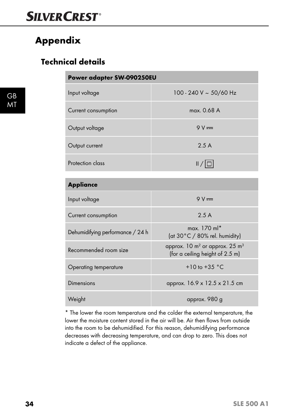 Appendix, Technical details, Gb mt | Silvercrest SLE 500 A1 User Manual | Page 37 / 52