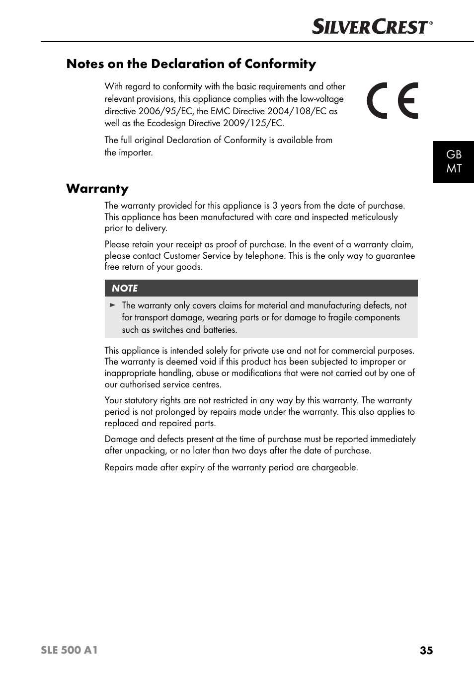 Warranty, Gb mt | Silvercrest SLE 500 A1 User Manual | Page 38 / 52