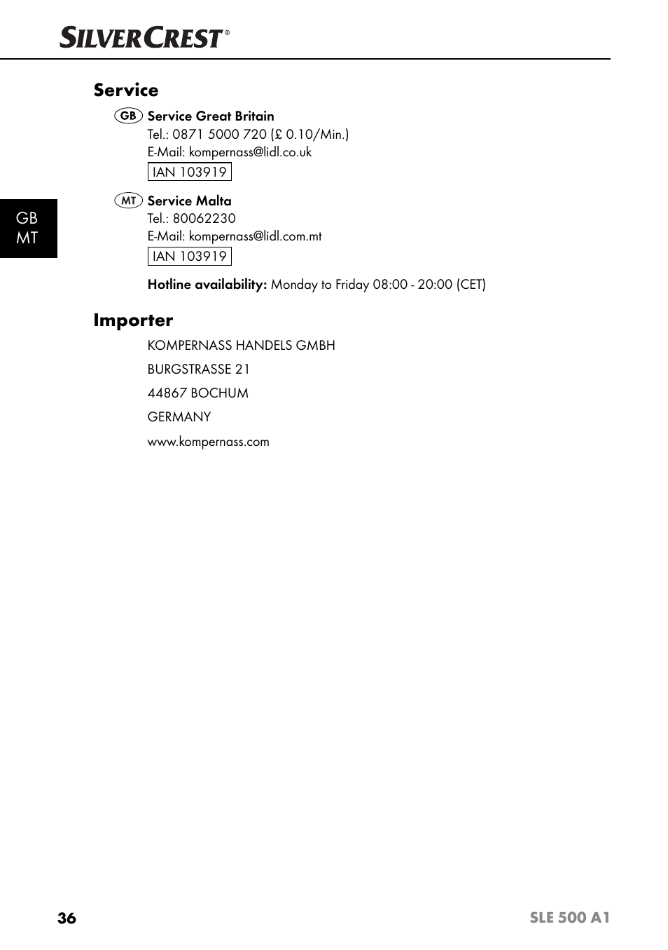 Service, Importer, Gb mt | Silvercrest SLE 500 A1 User Manual | Page 39 / 52