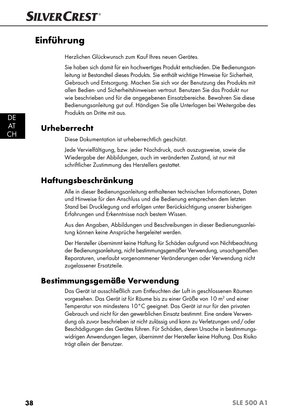 Einführung, Urheberrecht, Haftungsbeschränkung | Bestimmungsgemäße verwendung, De at ch | Silvercrest SLE 500 A1 User Manual | Page 41 / 52