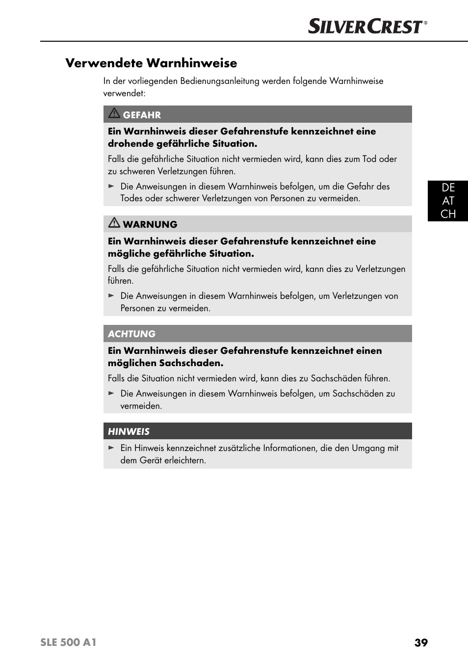 Verwendete warnhinweise, De at ch | Silvercrest SLE 500 A1 User Manual | Page 42 / 52