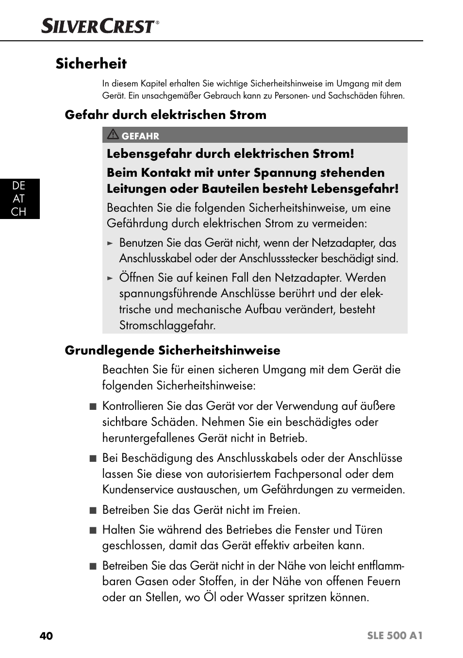 Sicherheit, Gefahr durch elektrischen strom, Betreiben sie das gerät nicht im freien | Silvercrest SLE 500 A1 User Manual | Page 43 / 52
