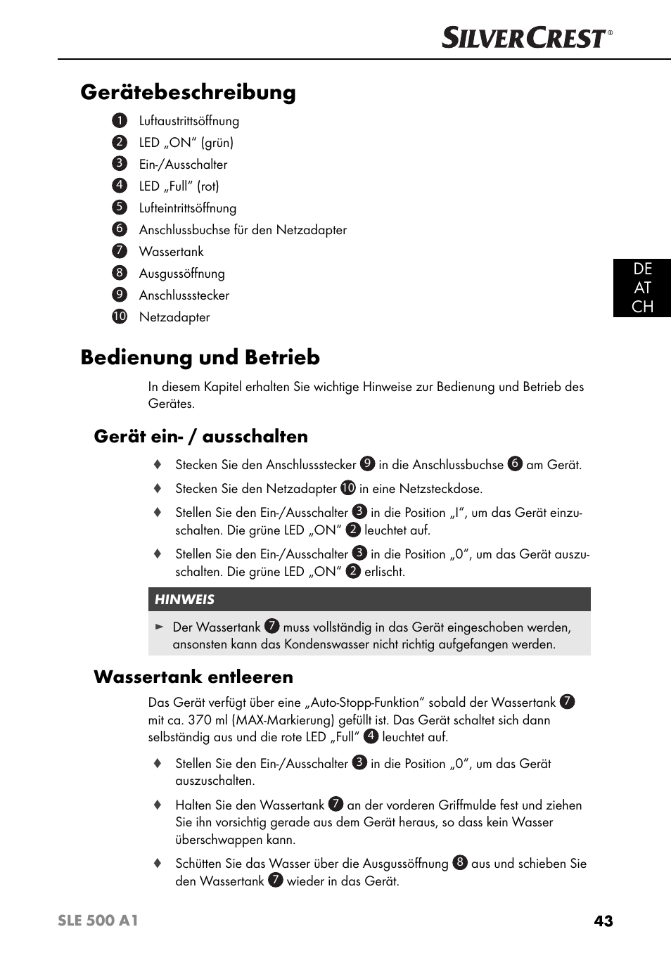 Gerätebeschreibung, Bedienung und betrieb, Gerät ein- / ausschalten | Wassertank entleeren, De at ch | Silvercrest SLE 500 A1 User Manual | Page 46 / 52