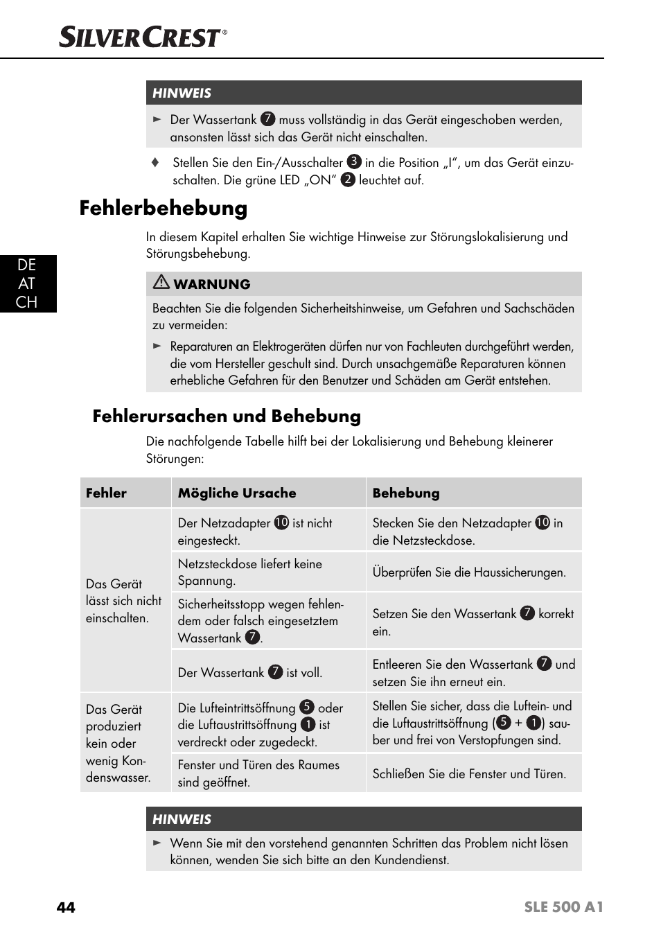Fehlerbehebung, Fehlerursachen und behebung, De at ch | Silvercrest SLE 500 A1 User Manual | Page 47 / 52
