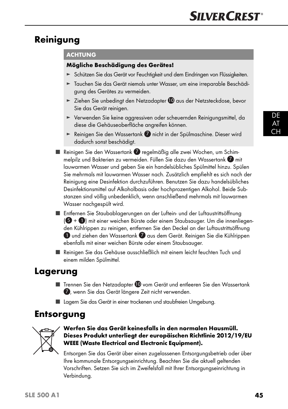 Reinigung, Lagerung, Entsorgung | De at ch | Silvercrest SLE 500 A1 User Manual | Page 48 / 52