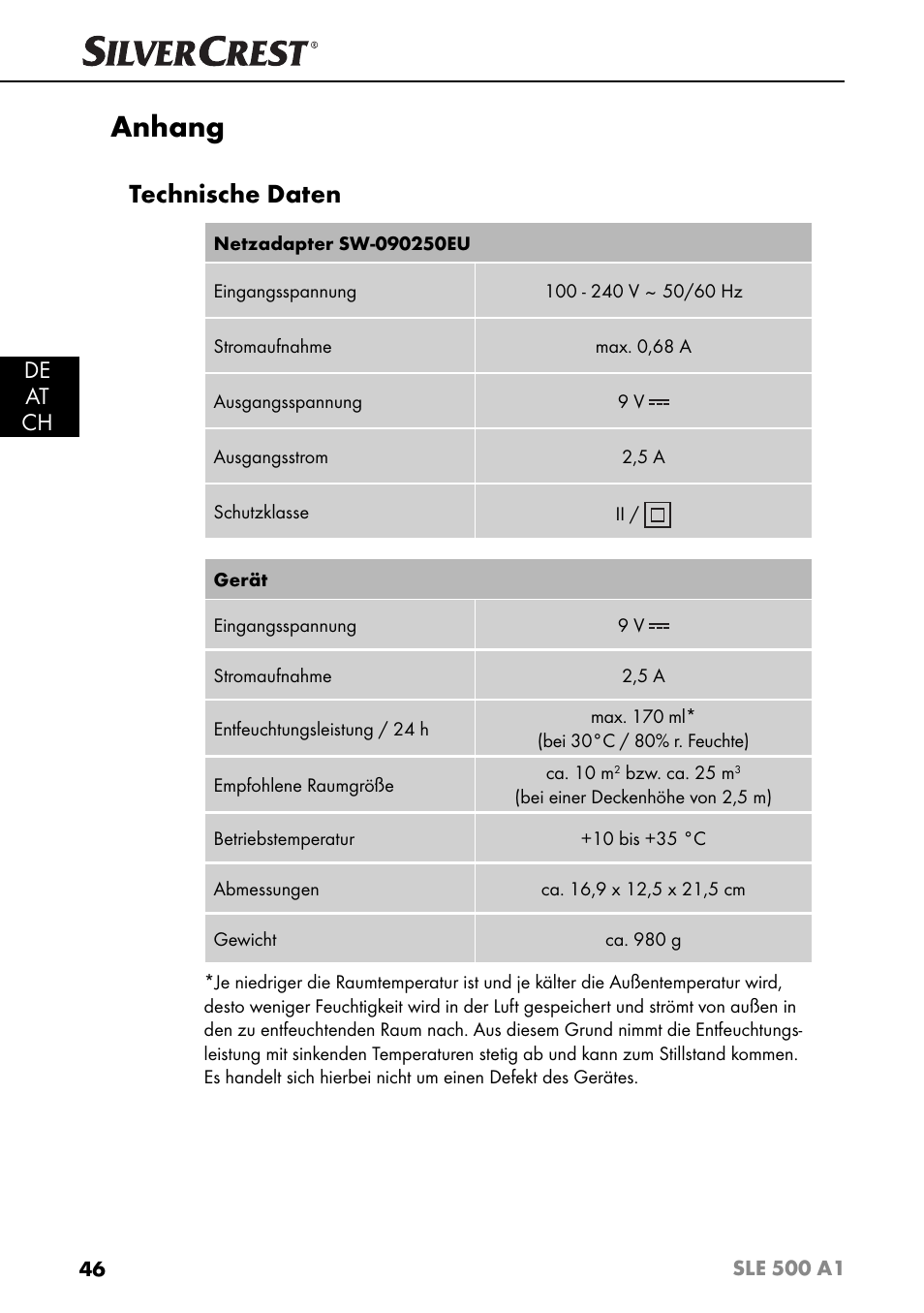 Anhang, Technische daten, De at ch | Silvercrest SLE 500 A1 User Manual | Page 49 / 52