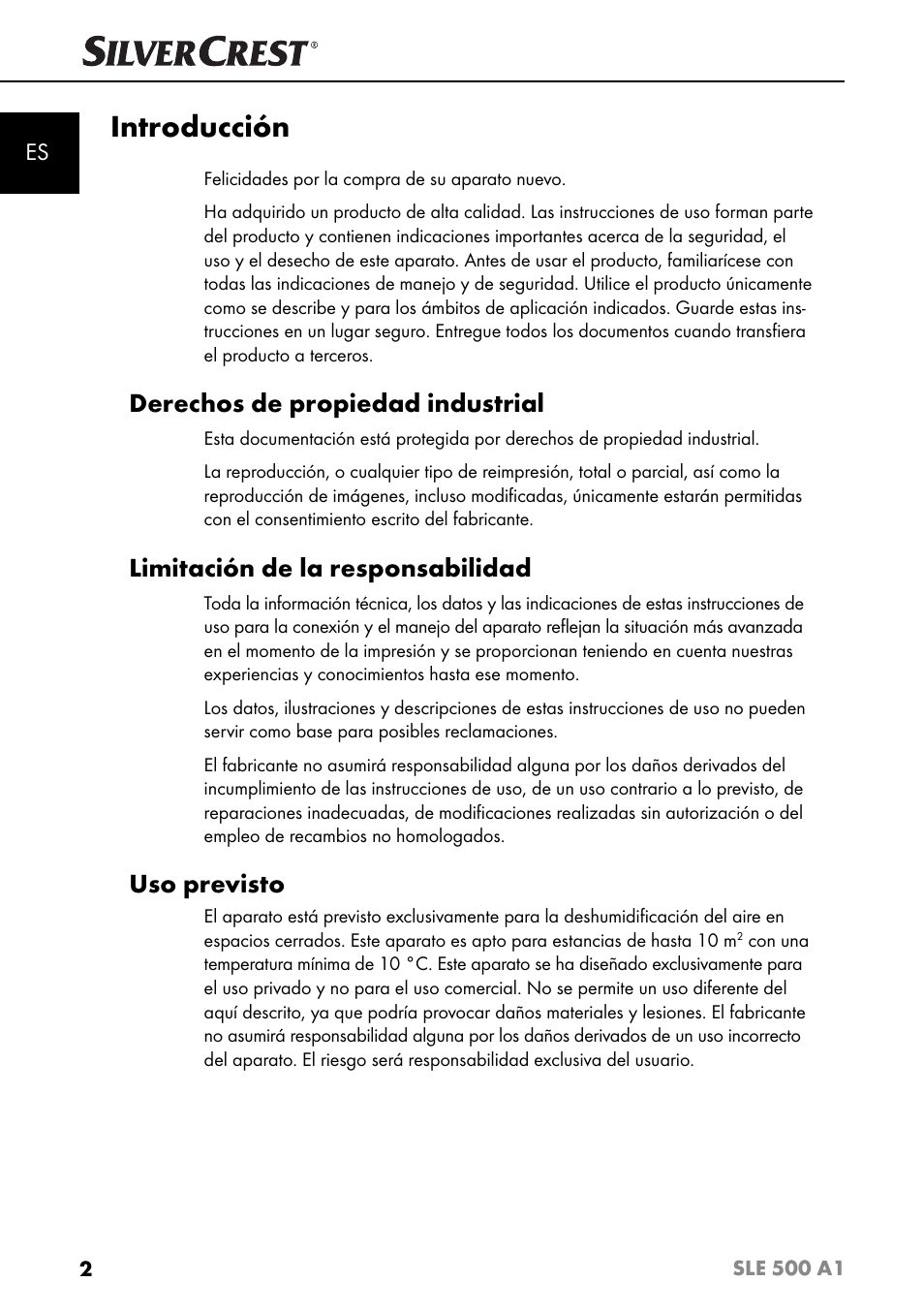 Introducción, Derechos de propiedad industrial, Limitación de la responsabilidad | Uso previsto | Silvercrest SLE 500 A1 User Manual | Page 5 / 52