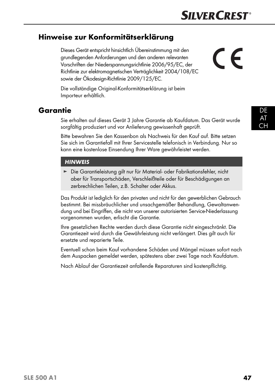 Hinweise zur konformitätserklärung, Garantie, De at ch | Silvercrest SLE 500 A1 User Manual | Page 50 / 52