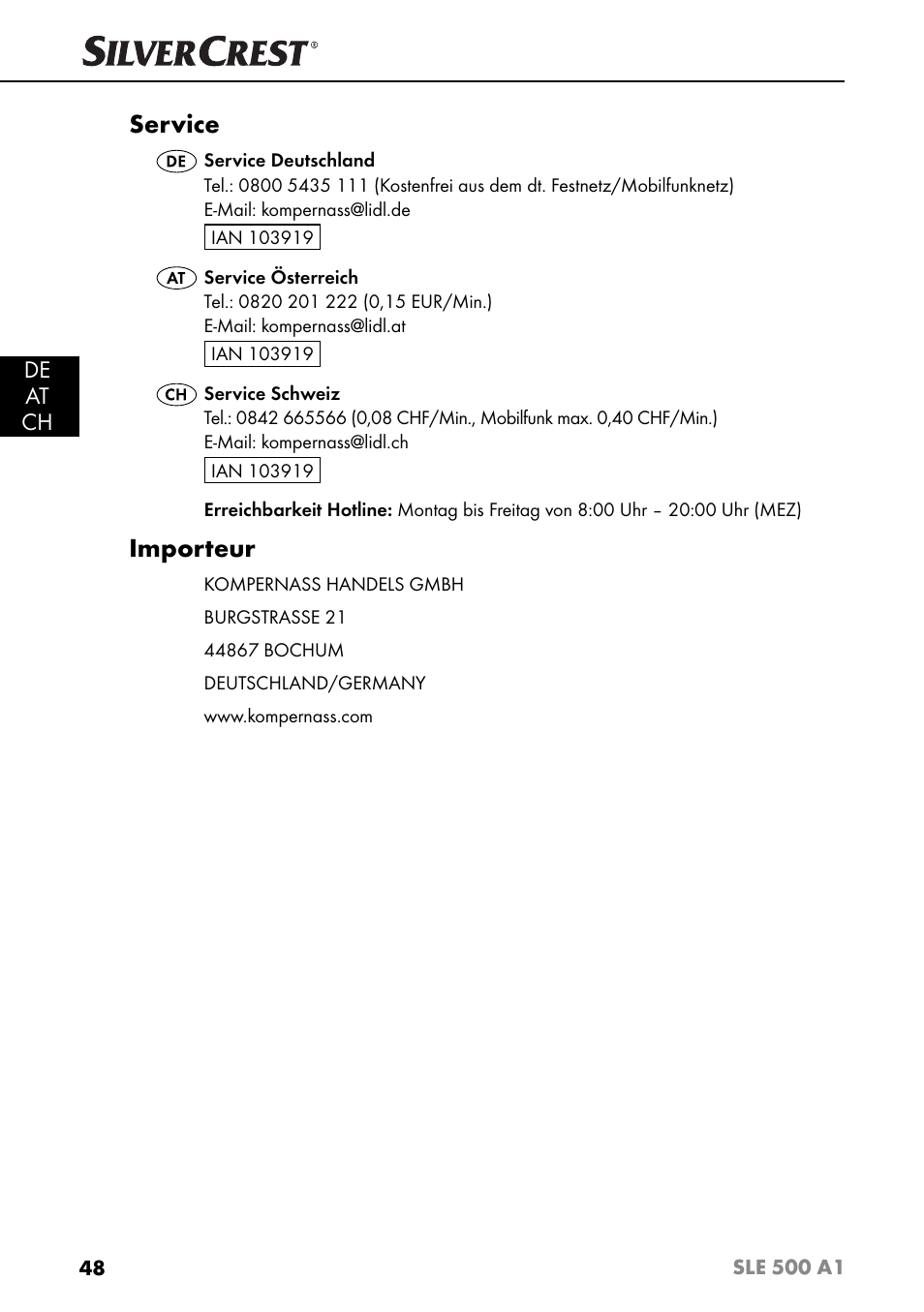 Service, Importeur, De at ch | Silvercrest SLE 500 A1 User Manual | Page 51 / 52