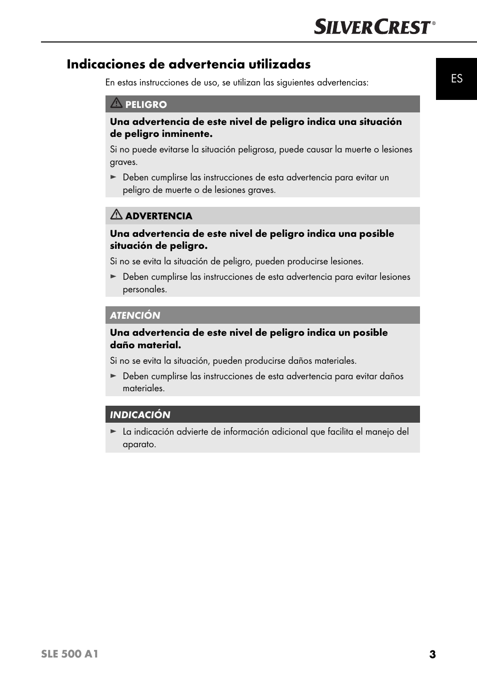 Indicaciones de advertencia utilizadas | Silvercrest SLE 500 A1 User Manual | Page 6 / 52