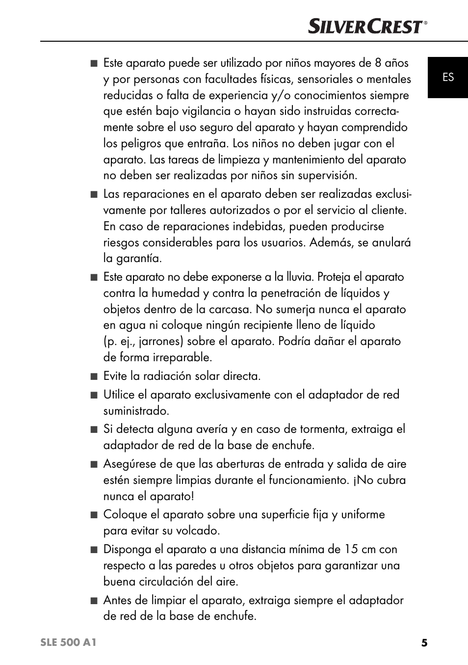 Evite la radiación solar directa | Silvercrest SLE 500 A1 User Manual | Page 8 / 52