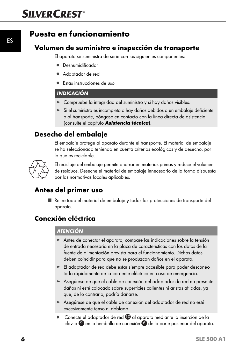 Puesta en funcionamiento, Volumen de suministro e inspección de transporte, Desecho del embalaje | Antes del primer uso, Conexión eléctrica | Silvercrest SLE 500 A1 User Manual | Page 9 / 52