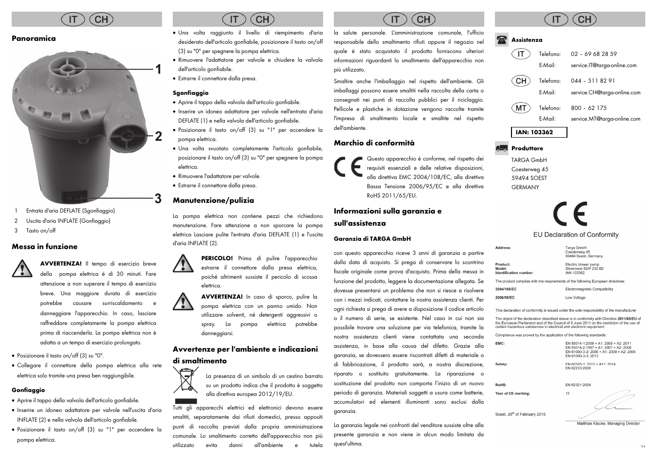 Panoramica, Messa in funzione, Manutenzione/pulizia | Marchio di conformità, Informazioni sulla garanzia e sull'assistenza | Silvercrest SGP 230 B2 User Manual | Page 6 / 8