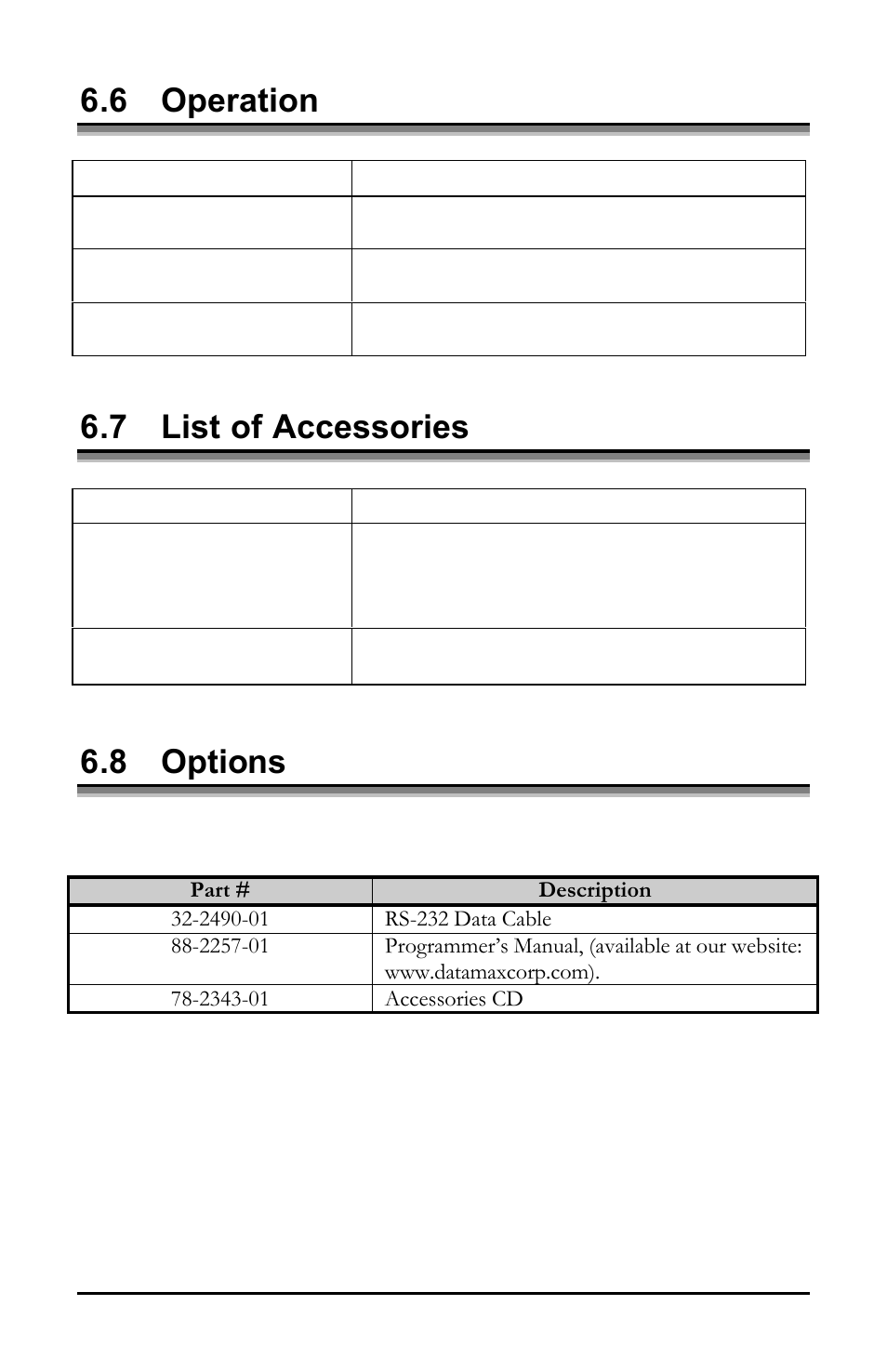6 operation, 7 list of accessories, 8 options | Datamax E-3202 User Manual | Page 44 / 62