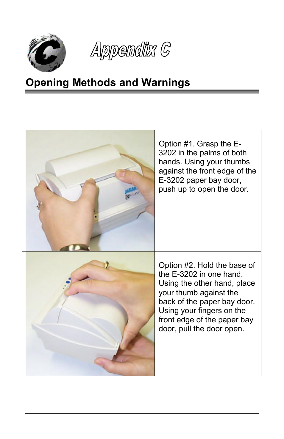 Opening methods and warnings | Datamax E-3202 User Manual | Page 57 / 62