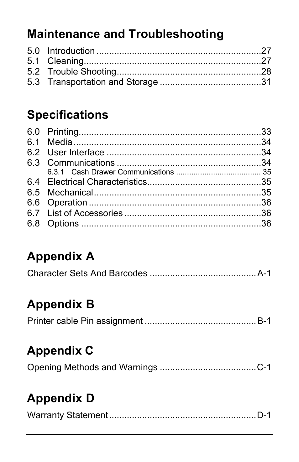 Maintenance and troubleshooting, Specifications, Appendix a | Appendix b, Appendix c, Appendix d | Datamax E-3202 User Manual | Page 8 / 62