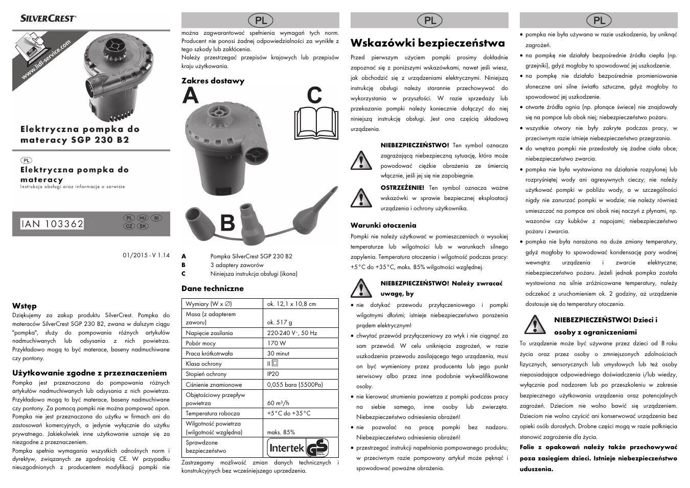 Wskazówki bezpieczeństwa | Silvercrest SGP 230 B2 User Manual | Page 3 / 14