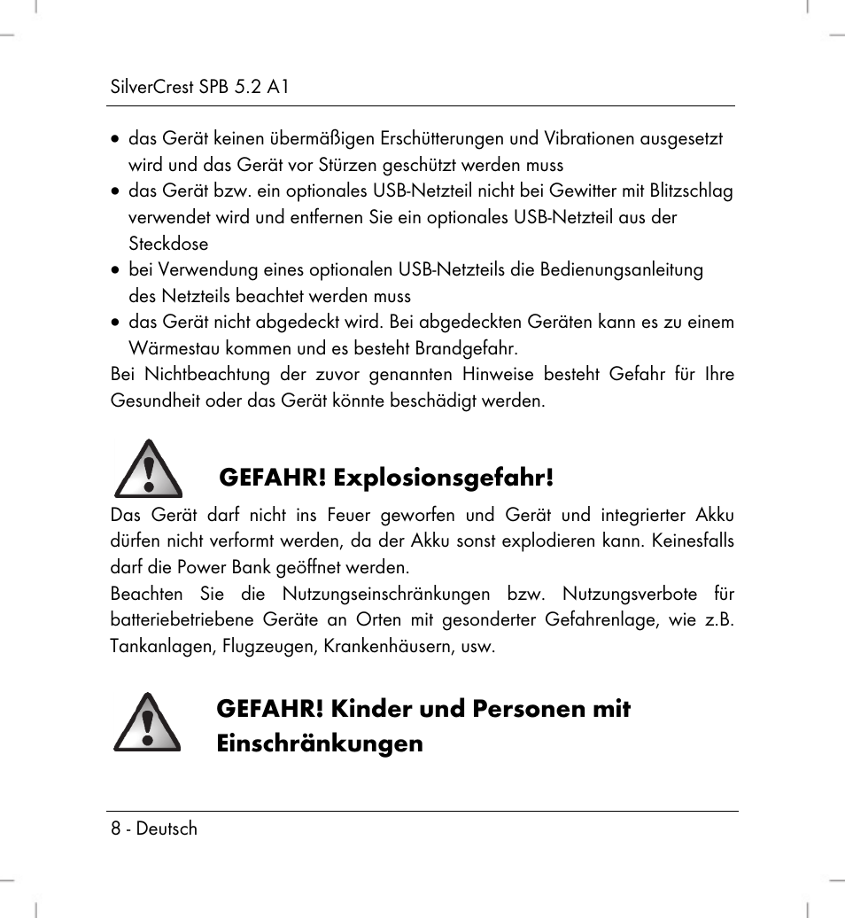 Gefahr! explosionsgefahr, Gefahr! kinder und personen mit einschränkungen | Silvercrest SPB 5.2 A1 User Manual | Page 10 / 76