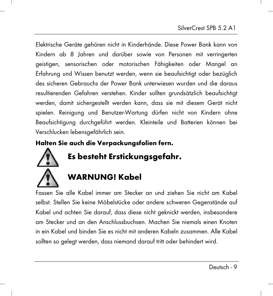 Es besteht erstickungsgefahr, Warnung! kabel | Silvercrest SPB 5.2 A1 User Manual | Page 11 / 76