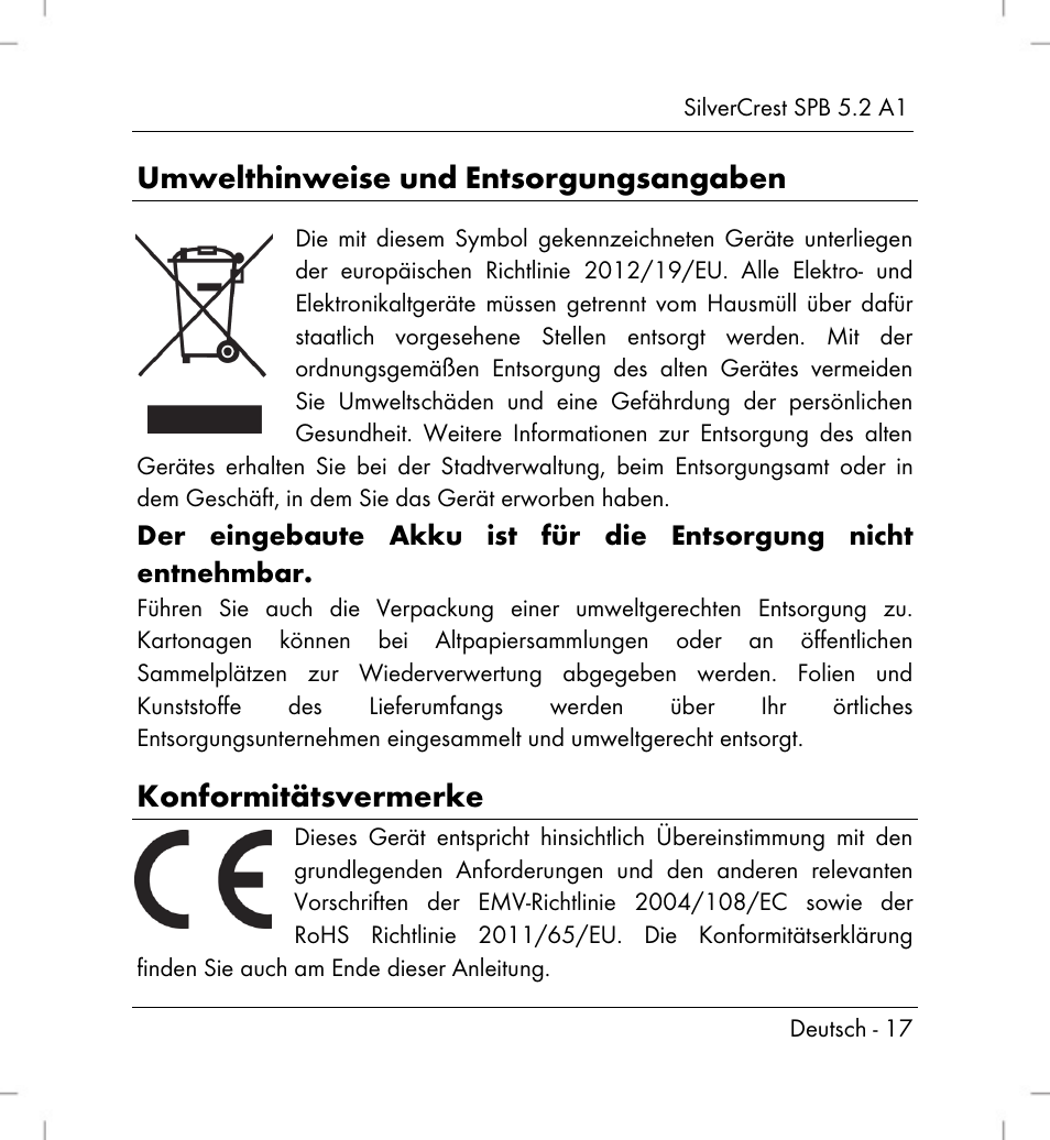 Umwelthinweise und entsorgungsangaben, Konformitätsvermerke | Silvercrest SPB 5.2 A1 User Manual | Page 19 / 76