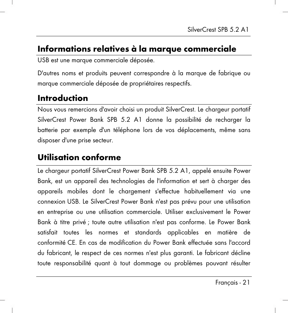 Informations relatives à la marque commerciale, Introduction, Utilisation conforme | Silvercrest SPB 5.2 A1 User Manual | Page 23 / 76
