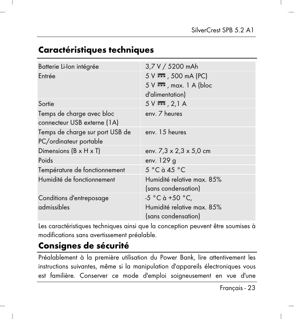 Caractéristiques techniques, Consignes de sécurité | Silvercrest SPB 5.2 A1 User Manual | Page 25 / 76