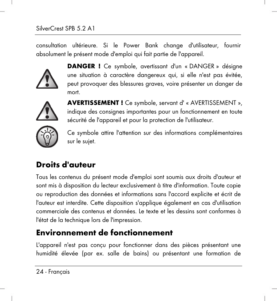 Droits d'auteur, Environnement de fonctionnement | Silvercrest SPB 5.2 A1 User Manual | Page 26 / 76