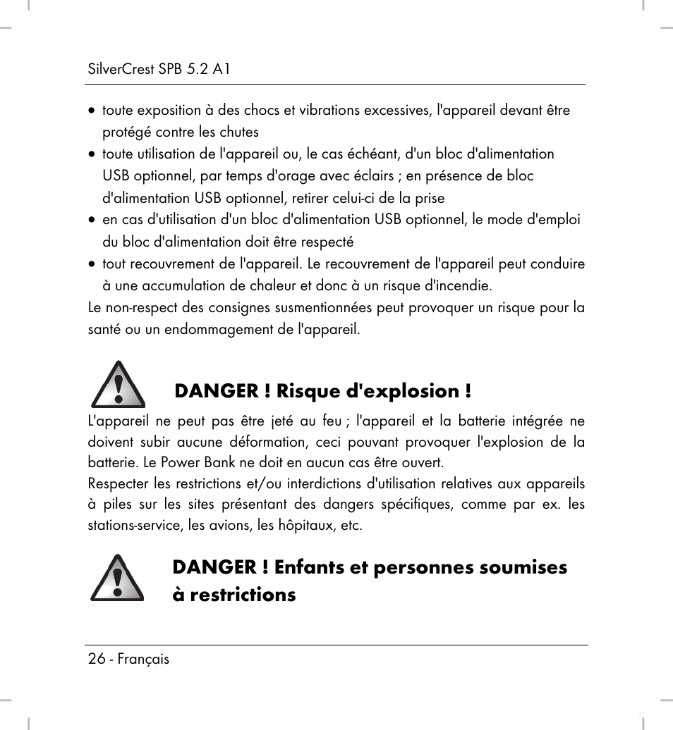 Danger ! risque d'explosion | Silvercrest SPB 5.2 A1 User Manual | Page 28 / 76