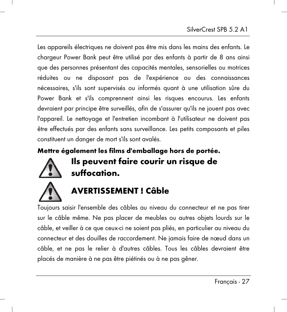 Ils peuvent faire courir un risque de suffocation, Avertissement ! câble | Silvercrest SPB 5.2 A1 User Manual | Page 29 / 76