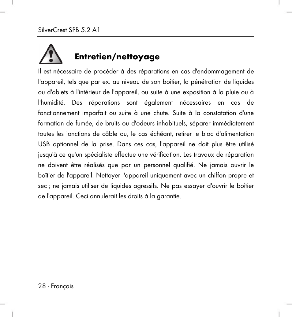 Entretien/nettoyage | Silvercrest SPB 5.2 A1 User Manual | Page 30 / 76
