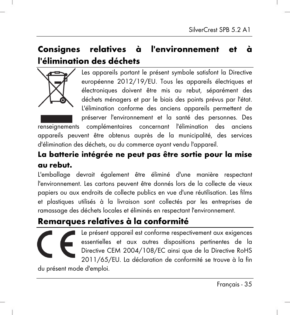 Remarques relatives à la conformité | Silvercrest SPB 5.2 A1 User Manual | Page 37 / 76