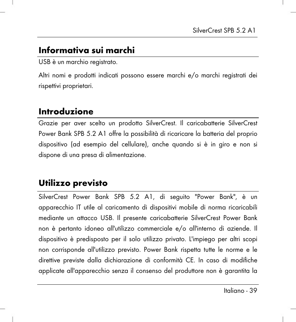 Informativa sui marchi, Introduzione, Utilizzo previsto | Silvercrest SPB 5.2 A1 User Manual | Page 41 / 76