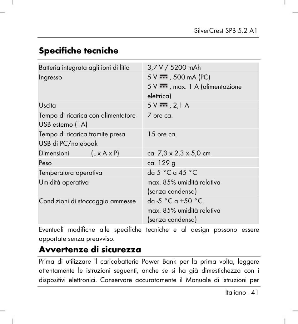 Specifiche tecniche, Avvertenze di sicurezza | Silvercrest SPB 5.2 A1 User Manual | Page 43 / 76