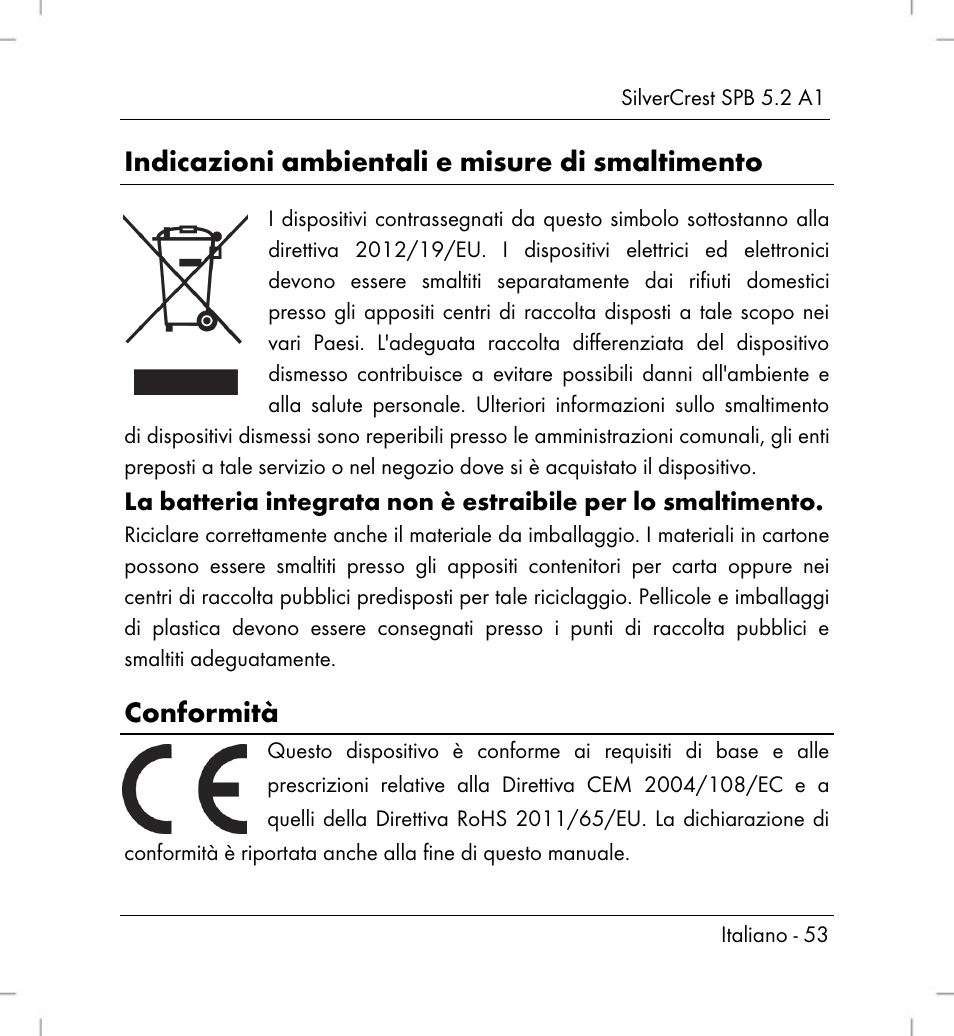 Indicazioni ambientali e misure di smaltimento, Conformità | Silvercrest SPB 5.2 A1 User Manual | Page 55 / 76