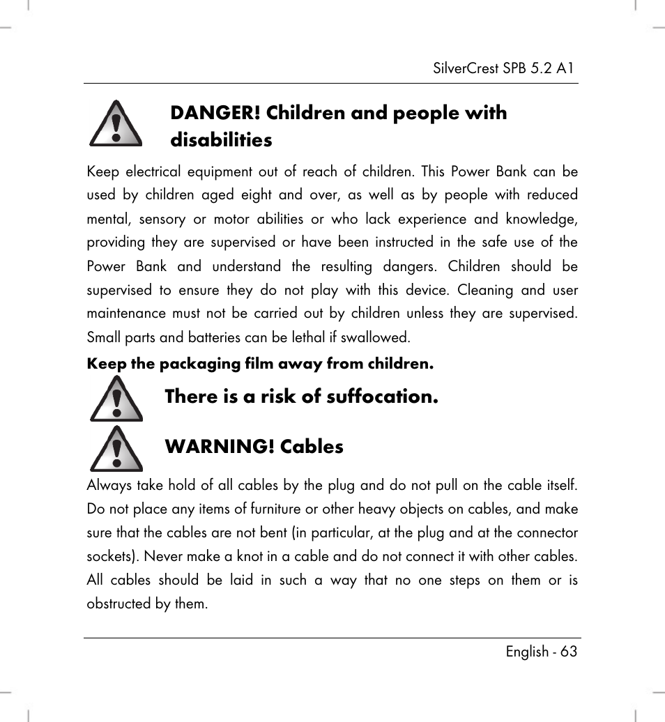 Danger! children and people with disabilities, There is a risk of suffocation, Warning! cables | Silvercrest SPB 5.2 A1 User Manual | Page 65 / 76