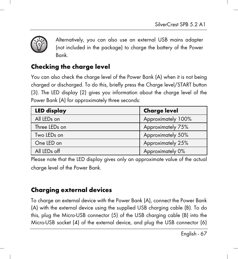 Checking the charge level, Charging external devices | Silvercrest SPB 5.2 A1 User Manual | Page 69 / 76