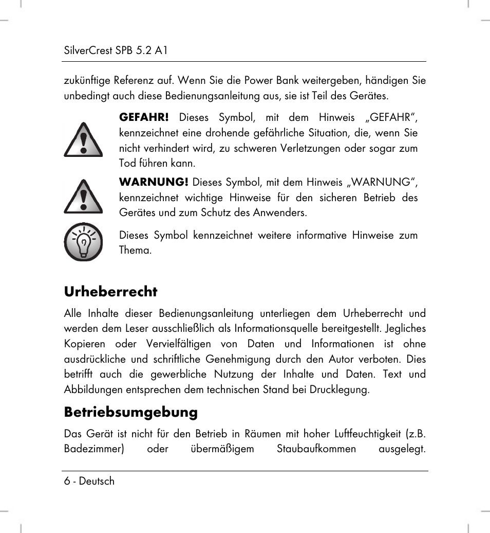 Urheberrecht, Betriebsumgebung | Silvercrest SPB 5.2 A1 User Manual | Page 8 / 76