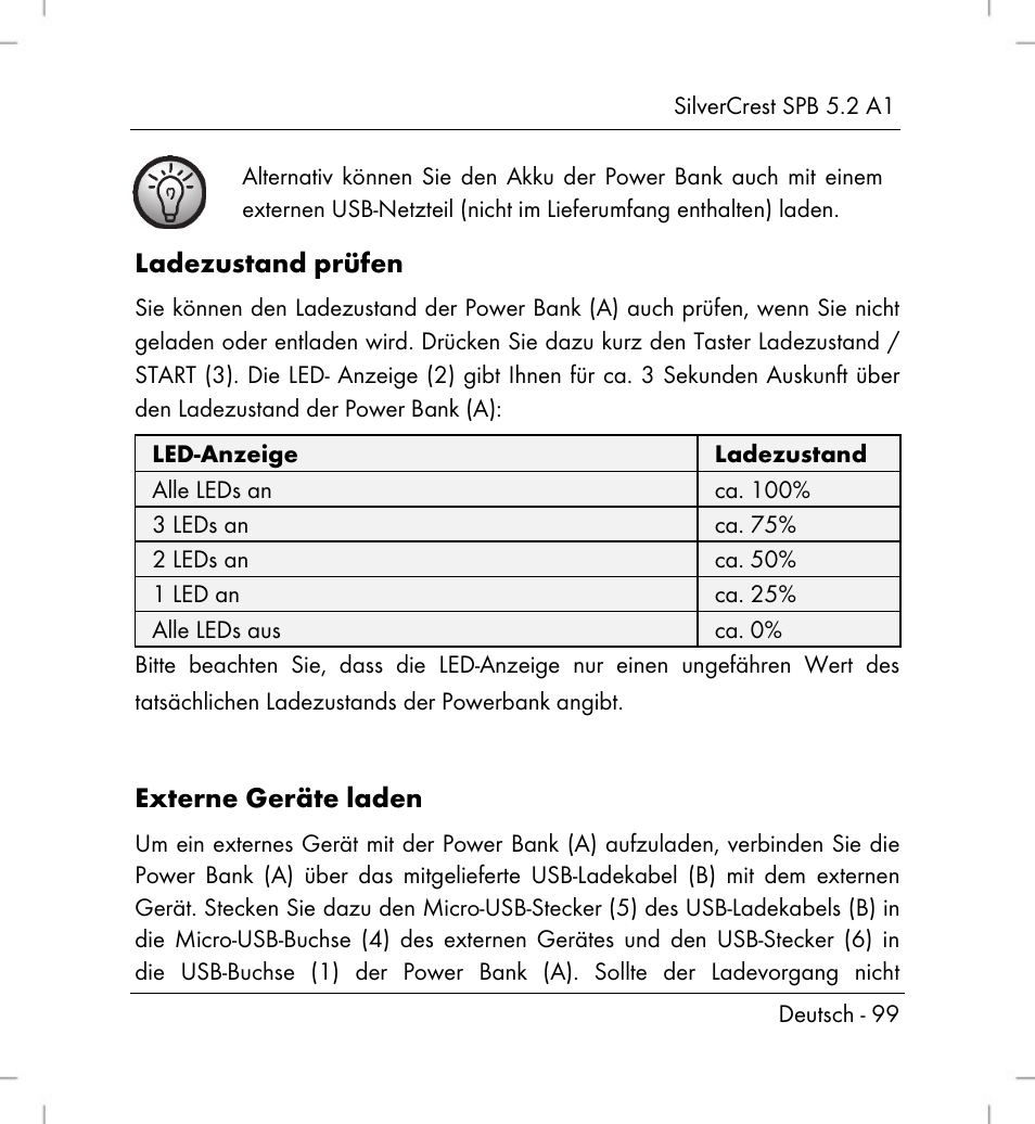 Ladezustand prüfen, Externe geräte laden | Silvercrest SPB 5.2 A1 User Manual | Page 101 / 108