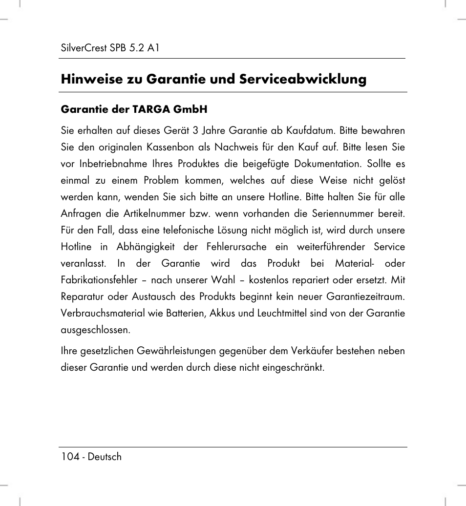 Hinweise zu garantie und serviceabwicklung | Silvercrest SPB 5.2 A1 User Manual | Page 106 / 108