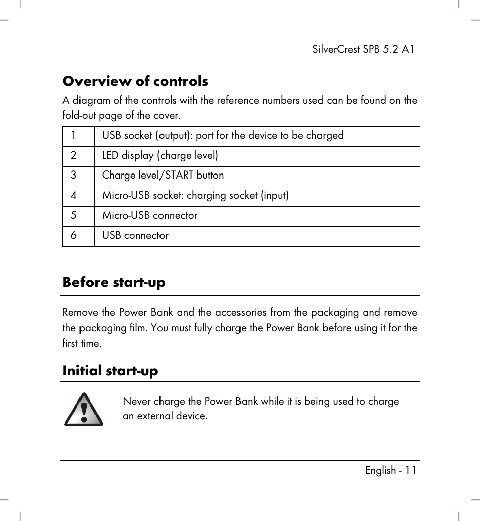 Overview of controls, Before start-up, Initial start-up | Silvercrest SPB 5.2 A1 User Manual | Page 13 / 108