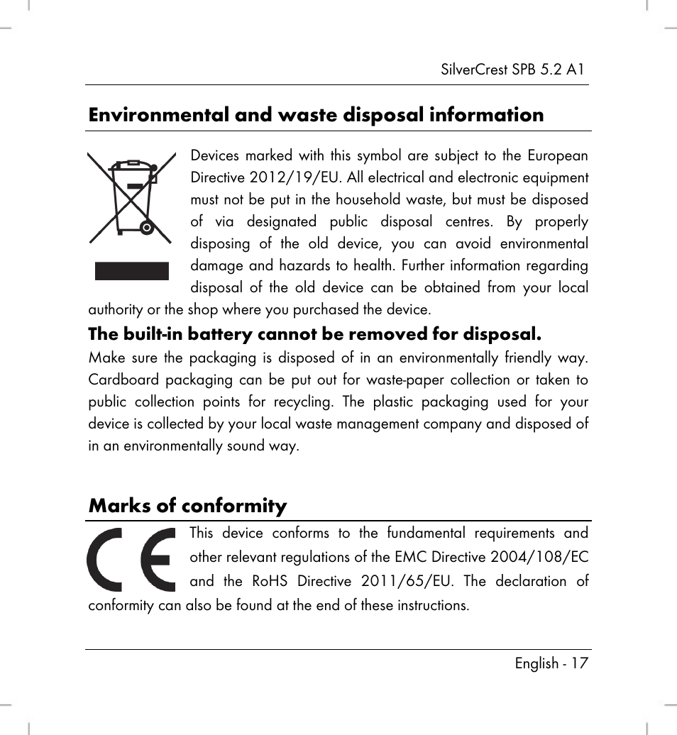 Environmental and waste disposal information, Marks of conformity | Silvercrest SPB 5.2 A1 User Manual | Page 19 / 108