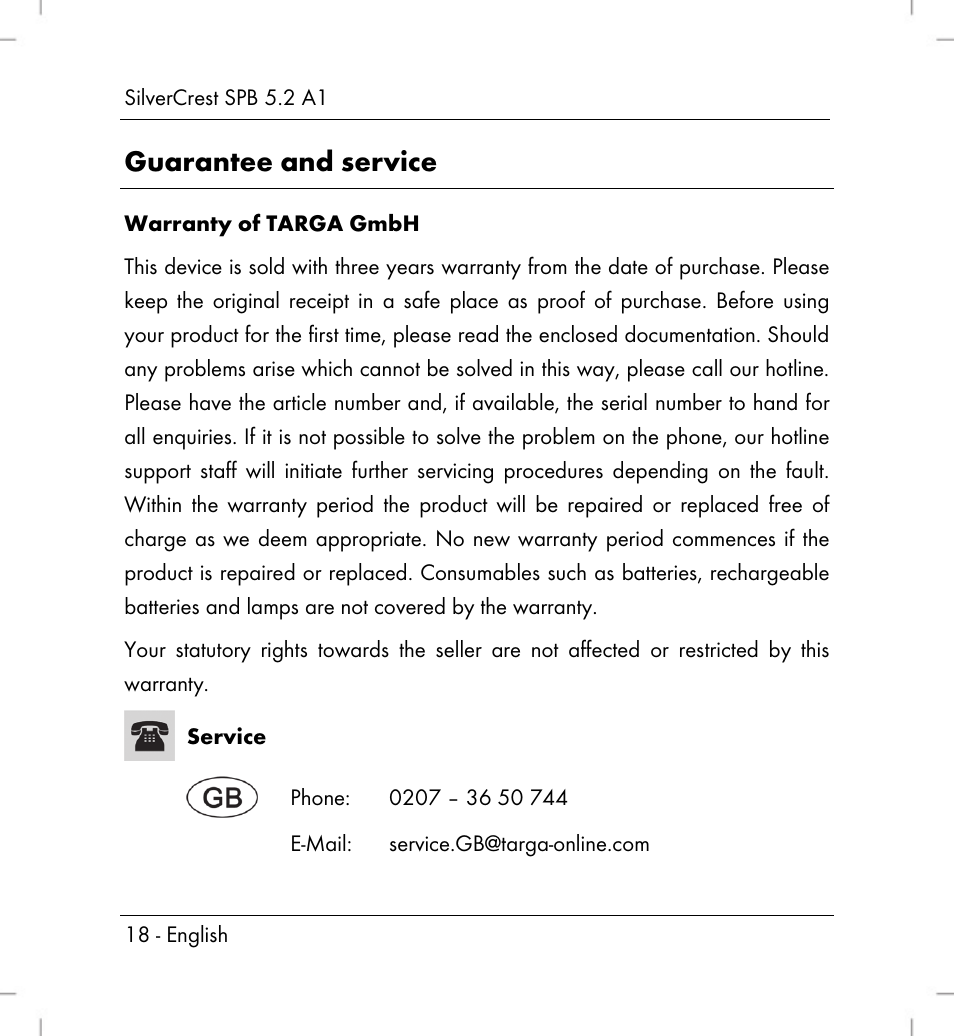 Guarantee and service | Silvercrest SPB 5.2 A1 User Manual | Page 20 / 108