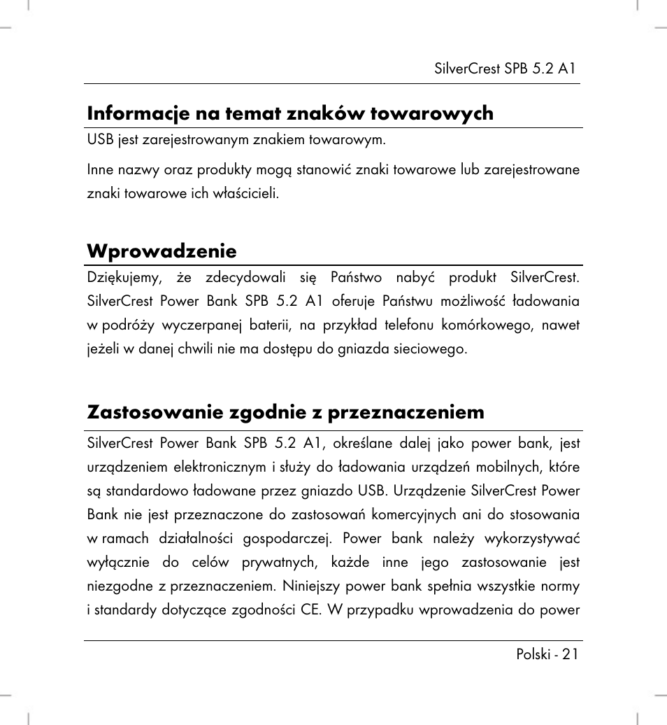 Informacje na temat znaków towarowych, Wprowadzenie, Zastosowanie zgodnie z przeznaczeniem | Silvercrest SPB 5.2 A1 User Manual | Page 23 / 108