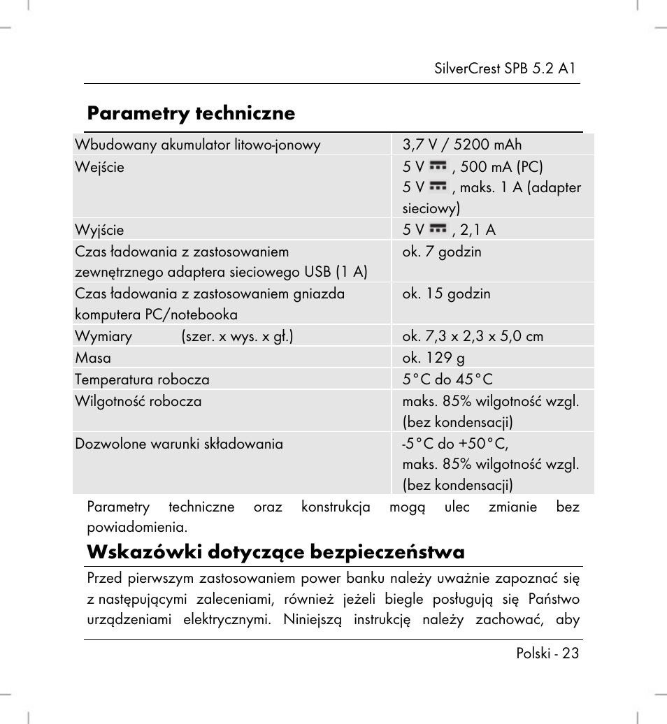 Parametry techniczne, Wskazówki dotyczące bezpieczeństwa | Silvercrest SPB 5.2 A1 User Manual | Page 25 / 108