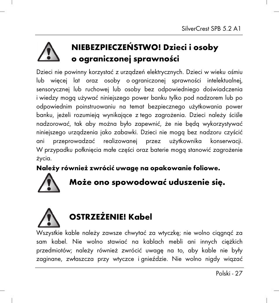 Może ono spowodować uduszenie się, Ostrzeżenie! kabel | Silvercrest SPB 5.2 A1 User Manual | Page 29 / 108