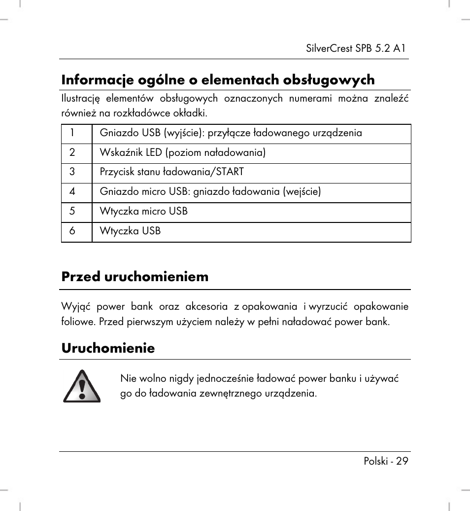 Informacje ogólne o elementach obsługowych, Przed uruchomieniem, Uruchomienie | Silvercrest SPB 5.2 A1 User Manual | Page 31 / 108