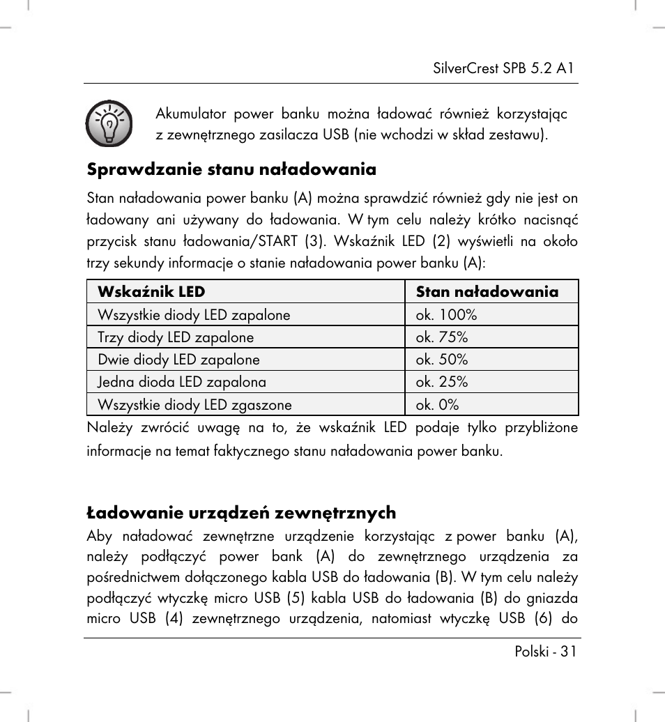 Sprawdzanie stanu naładowania, Ładowanie urządzeń zewnętrznych | Silvercrest SPB 5.2 A1 User Manual | Page 33 / 108