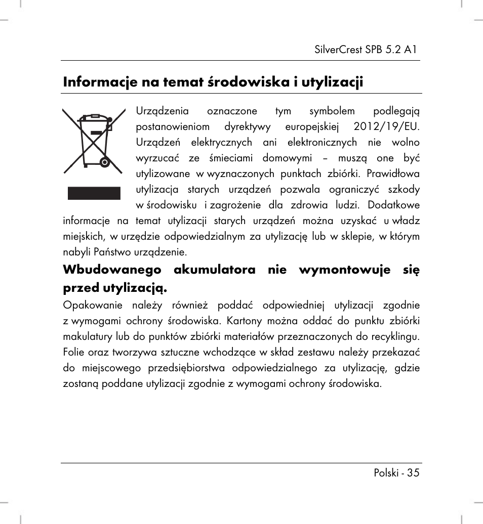Informacje na temat środowiska i utylizacji | Silvercrest SPB 5.2 A1 User Manual | Page 37 / 108