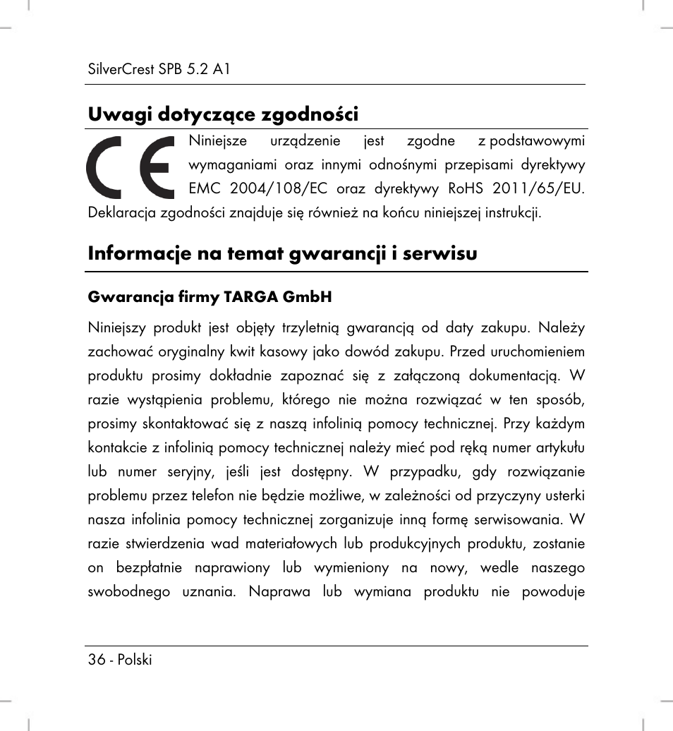 Uwagi dotyczące zgodności, Informacje na temat gwarancji i serwisu | Silvercrest SPB 5.2 A1 User Manual | Page 38 / 108