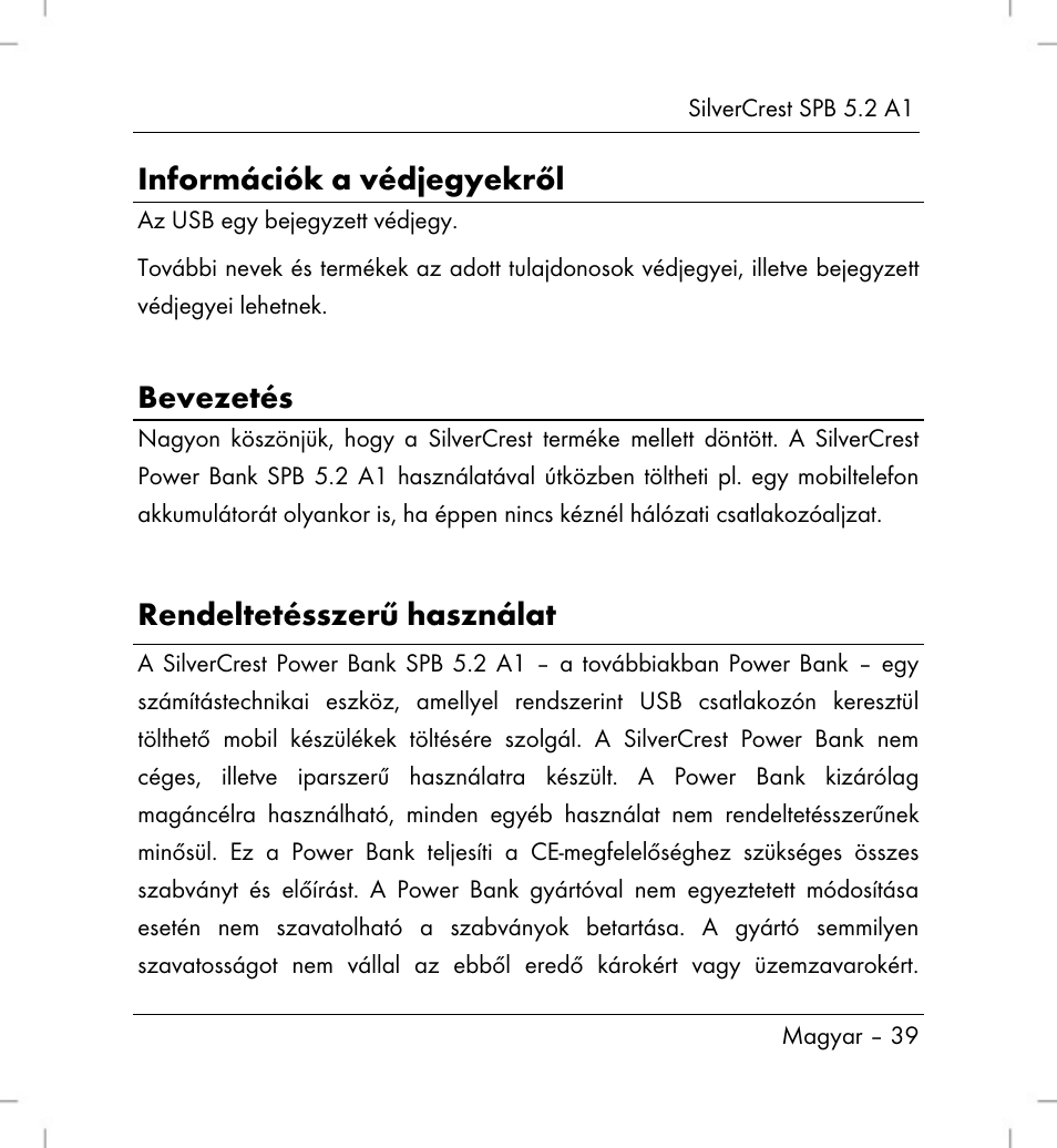 Információk a védjegyekről, Bevezetés, Rendeltetésszerű használat | Silvercrest SPB 5.2 A1 User Manual | Page 41 / 108
